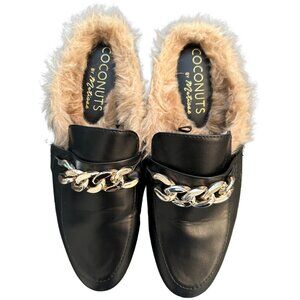 Coconuts by Matisse Black Faux Fur Lined Mules Loafers with Gold Chain Accent |